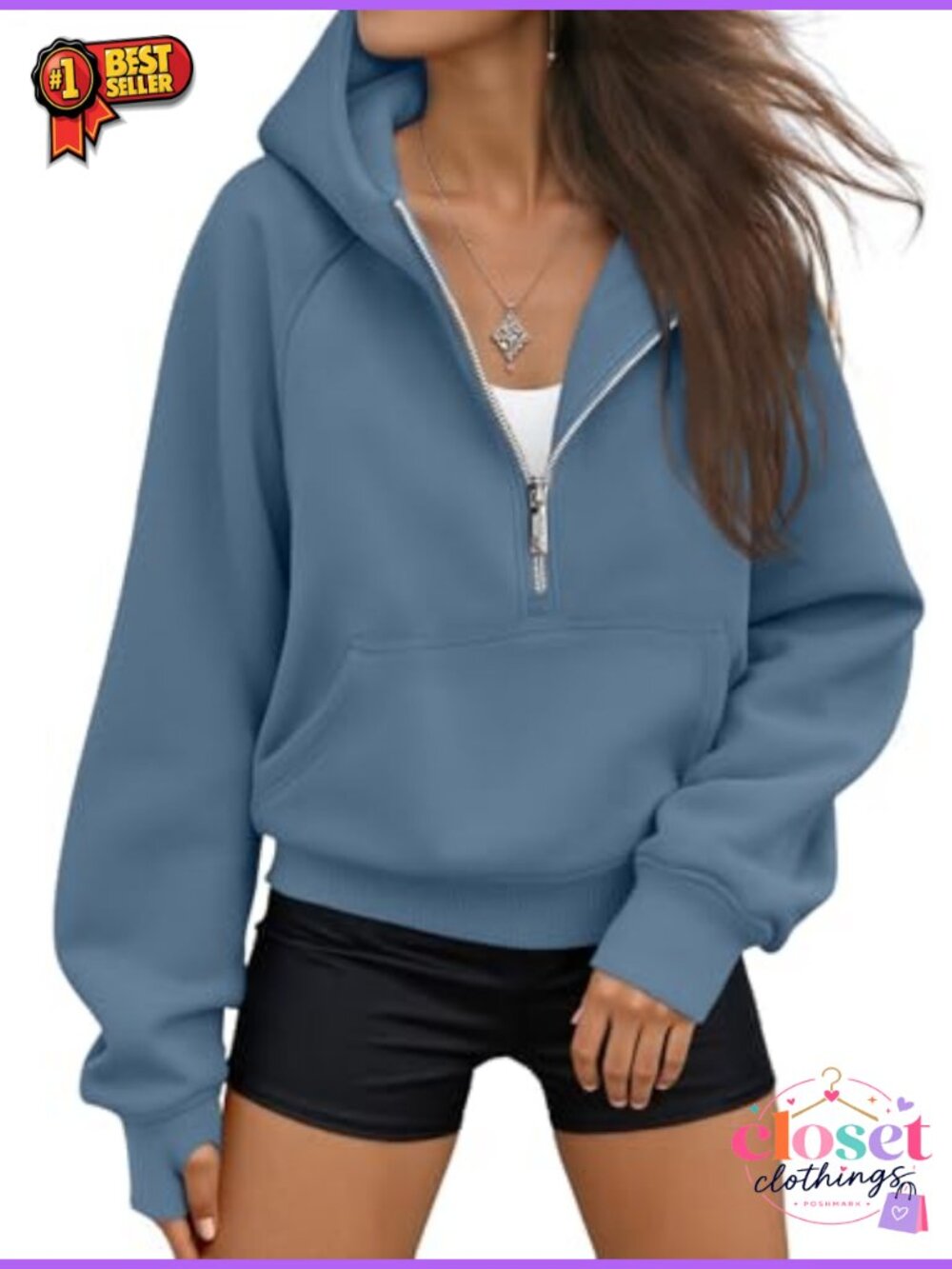 Women Half Zip Hoodie Fleece Lined Crop Sweatshirt Casual
